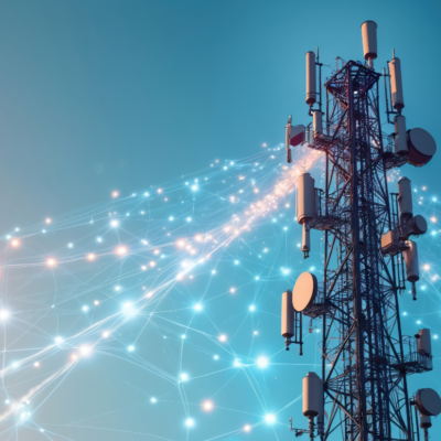 A telecommunications tower with multiple antennas stands against a blue sky, surrounded by a digital network of glowing, interconnected lines and nodes, symbolizing wireless communication and connectivity.