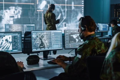 Military personnel wearing headsets monitor data and maps on computer screens in a command center. A large digital map is displayed on the wall, and one person stands holding a tablet or document.