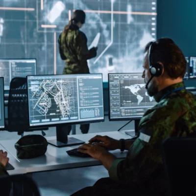 Military personnel wearing headsets monitor data and maps on computer screens in a command center. A large digital map is displayed on the wall, and one person stands holding a tablet or document.