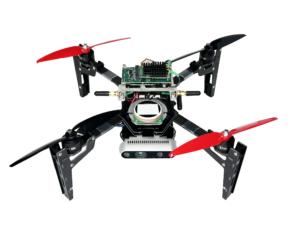 A small quadcopter drone with two red and two black propellers, exposed electronic components, and sensors mounted on its frame, displayed against a plain white background.