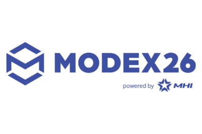 Logo for MODEX26 with a stylized "M" symbol to the left and text “powered by MHI” with a star logo beneath and to the right of the main name. The design uses a blue color on a white background.