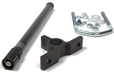 A black metal rod, a black mounting bracket with two holes, and assorted metal hardware including bolts, washers, nuts, and a U-bolt are arranged on a white surface.