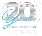 Silver text reads "20+ Years" with "Years" in blue script and confetti in the background. Below, smaller gray text says "OF GAME CHANGING WIRELESS.