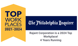 A yellow banner reads "Top Workplaces 2021-2024." Next to it is "The Philadelphia Inquirer" logo and text stating, "Rajant Corporation is a 2024 Top Workplace! 4 Years Running.