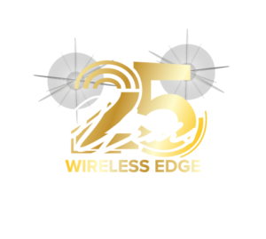 Gold text reads "25 Years Wireless Edge Innovation" with two abstract gray radar antennas in the background on a light gray background.