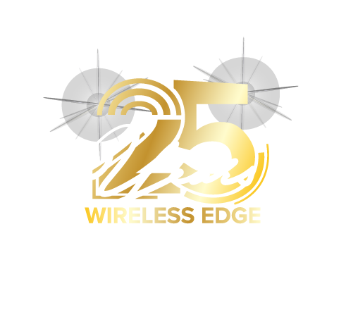 Gold text reads "25 Years Wireless Edge Innovation" with two abstract gray radar antennas in the background on a light gray background.