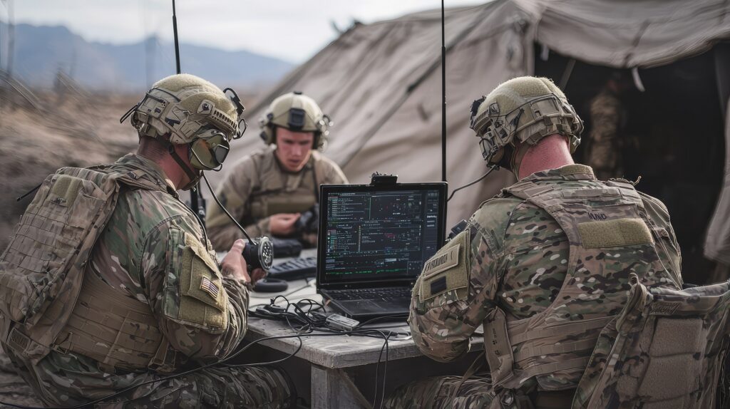 Three soldiers in camouflage uniforms and helmets operate communication equipment and a laptop with tactical maps and data, sitting at a table outside a military tent in a rugged, mountainous area.