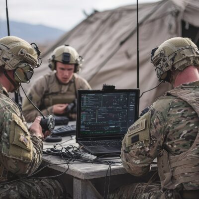 Three soldiers in camouflage uniforms and helmets operate communication equipment and a laptop with tactical maps and data, sitting at a table outside a military tent in a rugged, mountainous area.