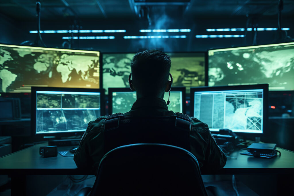 A person sits in a dark control room, facing multiple large monitors displaying world maps and data, suggesting a high-tech command or cyber operations center. Blue-green light adds a dramatic, intense atmosphere.