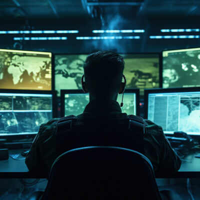 A person sits in a dark control room, facing multiple large monitors displaying world maps and data, suggesting a high-tech command or cyber operations center. Blue-green light adds a dramatic, intense atmosphere.