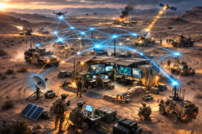 A military command post operates in a desert, surrounded by vehicles, soldiers, and drones. Blue lines illustrate digital network connections between equipment, with satellites, computers, and communication devices in use.