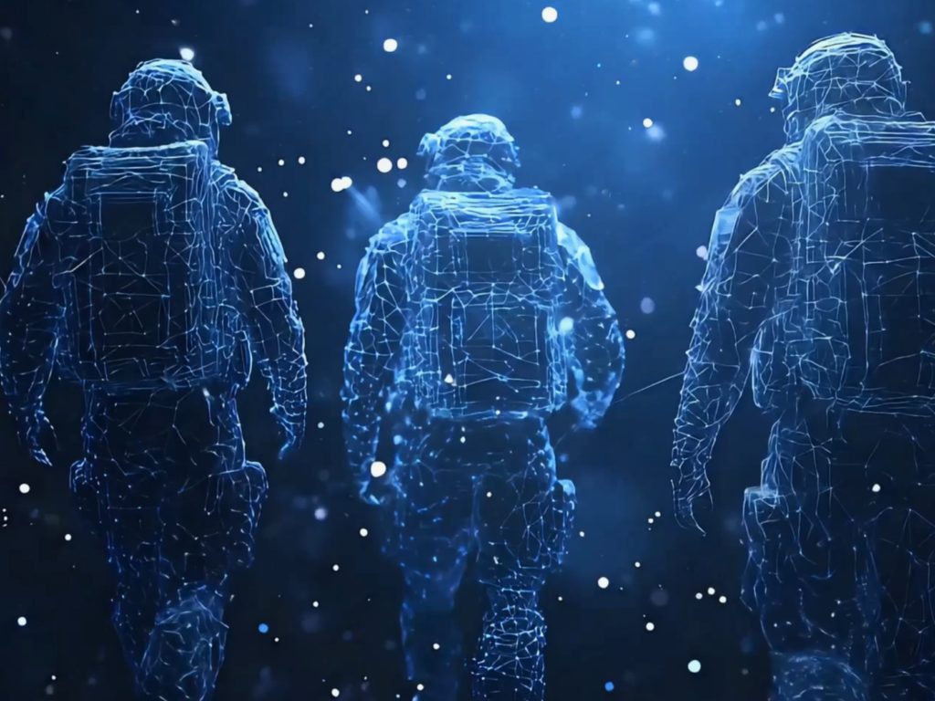 Three digital, wireframe figures of soldiers in combat gear walk forward in a snowy or star-filled, blue-lit environment, viewed from behind. The scene appears futuristic or virtual, with glowing lines outlining their forms.