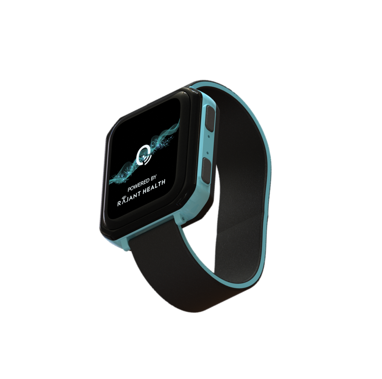 A black smartwatch with a light blue trim and black strap, displaying the text “Powered by Radiant Health” on its screen, shown on a white background.