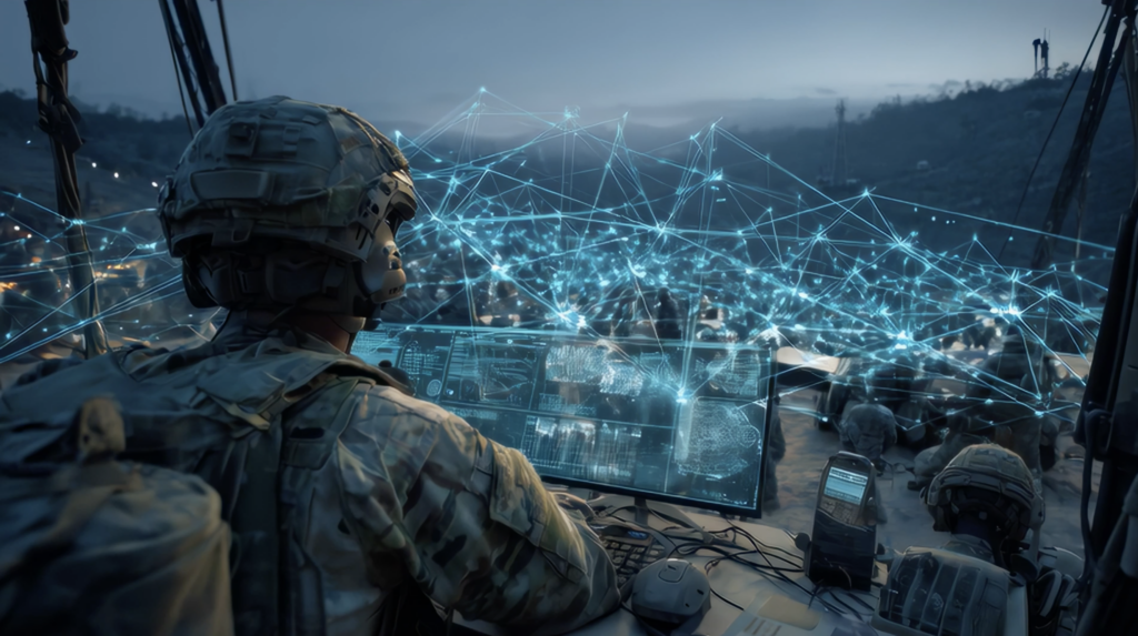 A soldier in uniform operates multiple screens with digital network graphics overlaying the scene, suggesting advanced military technology and communication in a field setting at dusk.