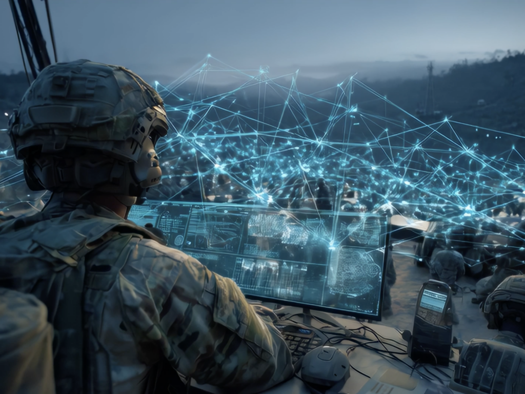 A soldier in uniform operates multiple screens with digital network graphics overlaying the scene, suggesting advanced military technology and communication in a field setting at dusk.