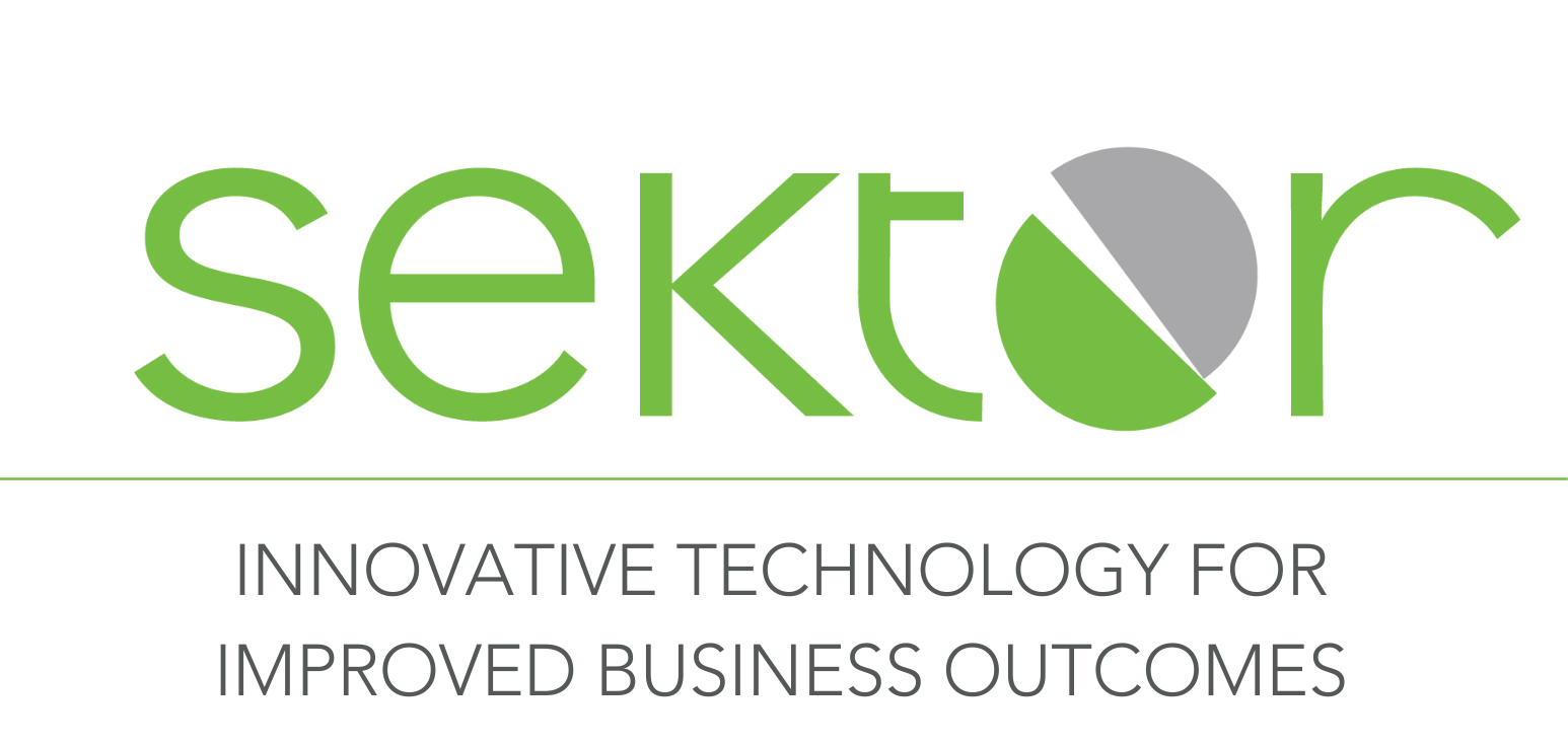 The image displays the word “sektor” in green lowercase letters, with the "o" stylized as a green and gray pie chart. Below, gray text reads: "INNOVATIVE TECHNOLOGY FOR IMPROVED BUSINESS OUTCOMES.