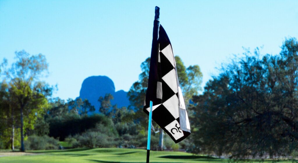 A black and white checkered golf flag waves on a green golf course, with trees and a mountain visible in the sunny background.
