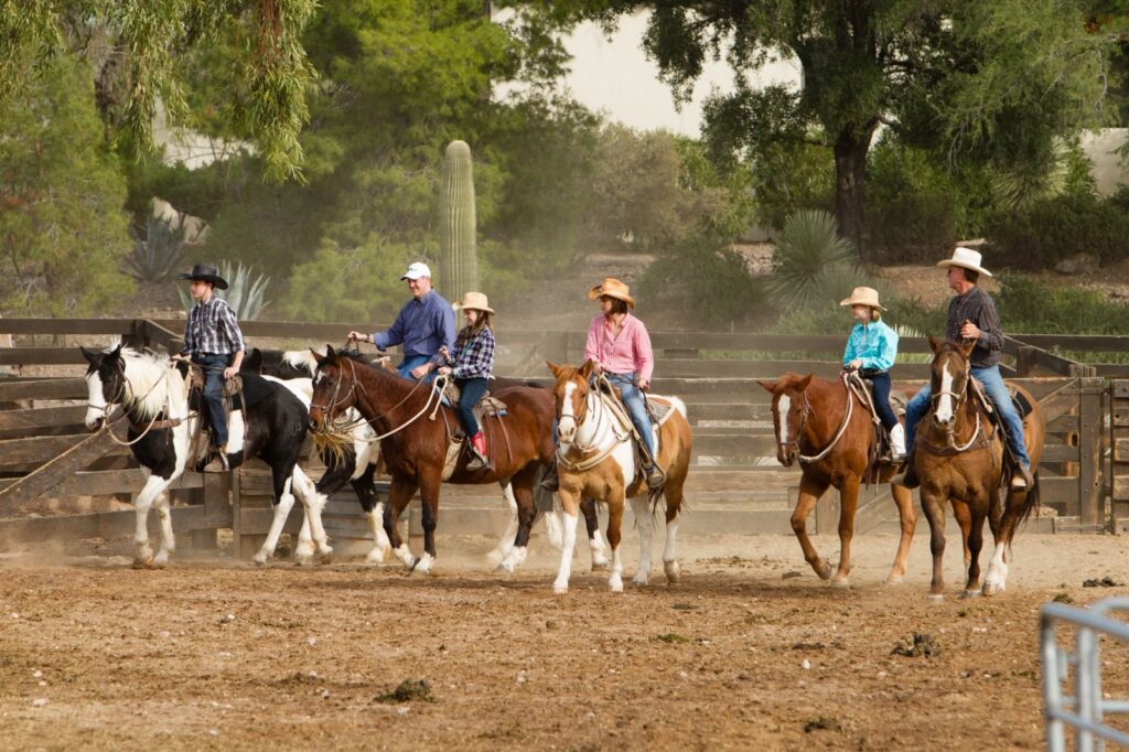 Six people wearing cowboy hats and casual western clothing ride horses in a dusty fenced area surrounded by desert plants and trees. They appear to be participating in a group activity or lesson.