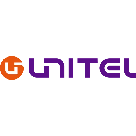 The image shows the UNITEL logo, featuring a stylized orange circle with a white "u" on the left, followed by the word "UNITEL" in bold, modern purple lettering.