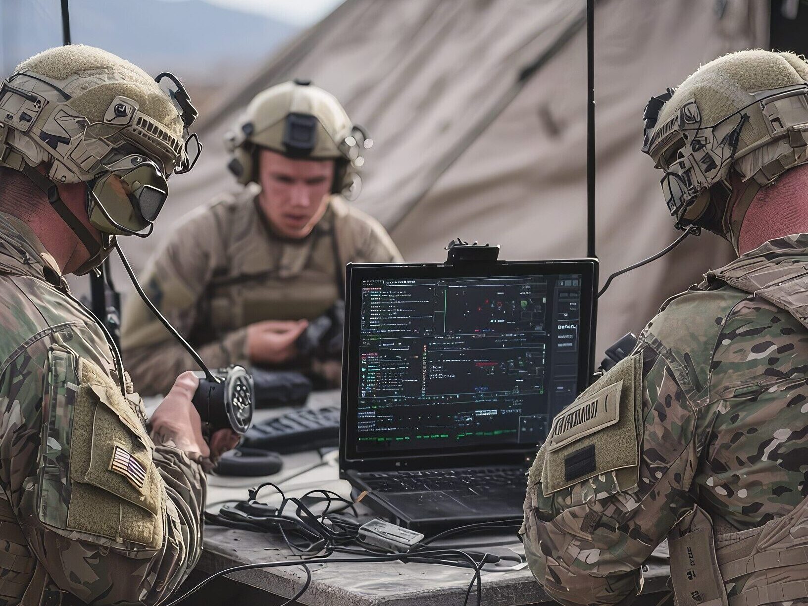 Three soldiers in camouflage uniforms and helmets operate communication equipment and a laptop with tactical maps and data, sitting at a table outside a military tent in a rugged, mountainous area.