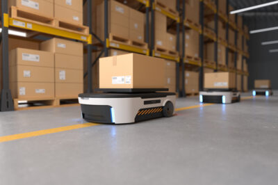 Two autonomous robots transport cardboard boxes across a warehouse floor, with shelves of stacked boxes in the background. The scene is well-lit and organized, highlighting automated logistics technology.