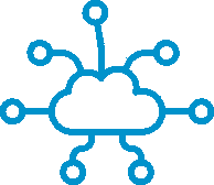 A blue outline of a cloud with eight lines extending outward, each ending in a circle, representing cloud computing or network connectivity.