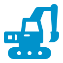 Blue icon of an excavator with a cab, tracks, and articulated arm with a bucket, on a light gray background.