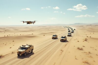 A convoy of armored military vehicles drives through a sandy desert while a drone flies overhead in clear daylight, with tire tracks visible in the sand and distant mountains on the horizon.