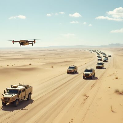 A convoy of armored military vehicles drives through a sandy desert while a drone flies overhead in clear daylight, with tire tracks visible in the sand and distant mountains on the horizon.