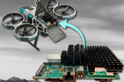 A computer circuit board with a large heat sink is shown in the foreground. An illustrated drone hovers above, with an arrow pointing from the circuit board to the drone’s internal compartment, suggesting the board is inside the drone.