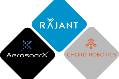 Three diamond-shaped logos: top blue with "RAJANT" and a wireless symbol; bottom left black with "AerosoarX"; bottom right gray with "CHORD ROBOTICS" and an orange geometric design.