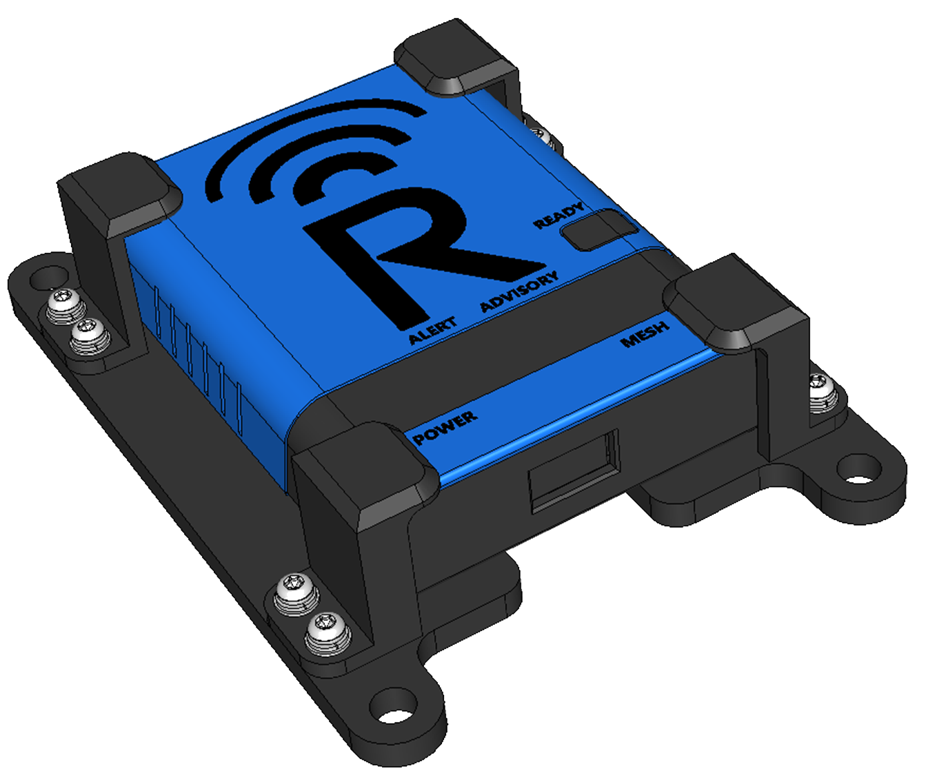 A rectangular blue and black electronic device labeled with a large "R" and symbols for alert, advisory, ready, power, and mesh, mounted on a black base with four corner screws.
