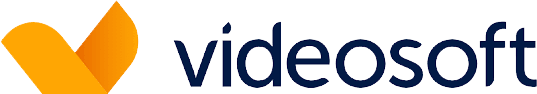 Logo with a stylized orange checkmark-like shape on the left and the word "videosoft" in dark blue lowercase letters on the right. The background is light gray.