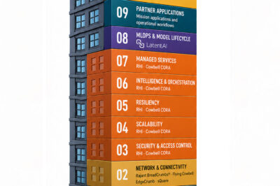 Illustration of a 10-story building labeled "The Edge AI Deployment Stack." Floors 2 to 10 are colored and represent AI deployment stages, with Rajant Health, Rajant, and Latent AI logos at the bottom.