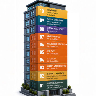Illustration of a 10-story building labeled "The Edge AI Deployment Stack." Floors 2 to 10 are colored and represent AI deployment stages, with Rajant Health, Rajant, and Latent AI logos at the bottom.