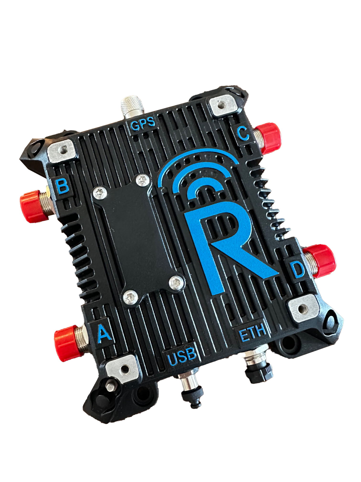 A black electronic device with labeled ports (A, B, C, D, GPS, USB, ETH) and a large blue "R" logo on top. The device has a rugged, finned design and red and silver connectors.