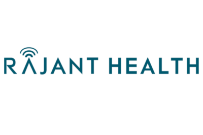 The image shows the "Rajant Health" logo with stylized text; the dot above the letter "J" resembles a wireless signal icon. The text is blue on a white background.