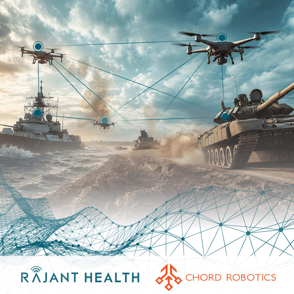 Military ships, tanks, and drones are connected by digital network lines over a rugged landscape, illustrating advanced communication technology. Logos for Rajant Health and Chord Robotics appear at the bottom.