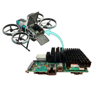 A circuit board with a large black heatsink and ports is shown with an arrow pointing to a small drone, highlighting the circuit board inside the drone's open compartment.