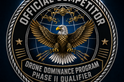 A detailed emblem featuring an eagle with drones circling above, surrounded by the text "Official Competitor," "Drone Dominance Program Phase II Qualifier," and "June 2026" on a metallic, badge-like background.