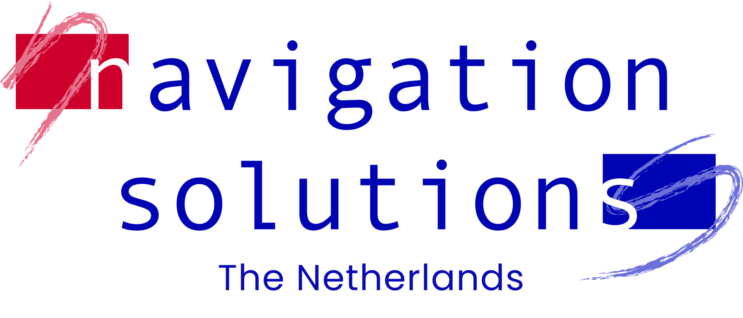 Logo for "Navigation Solutions The Netherlands" with stylized red and blue brush strokes over the letters "n" and "s" respectively, and modern blue font on a white background.