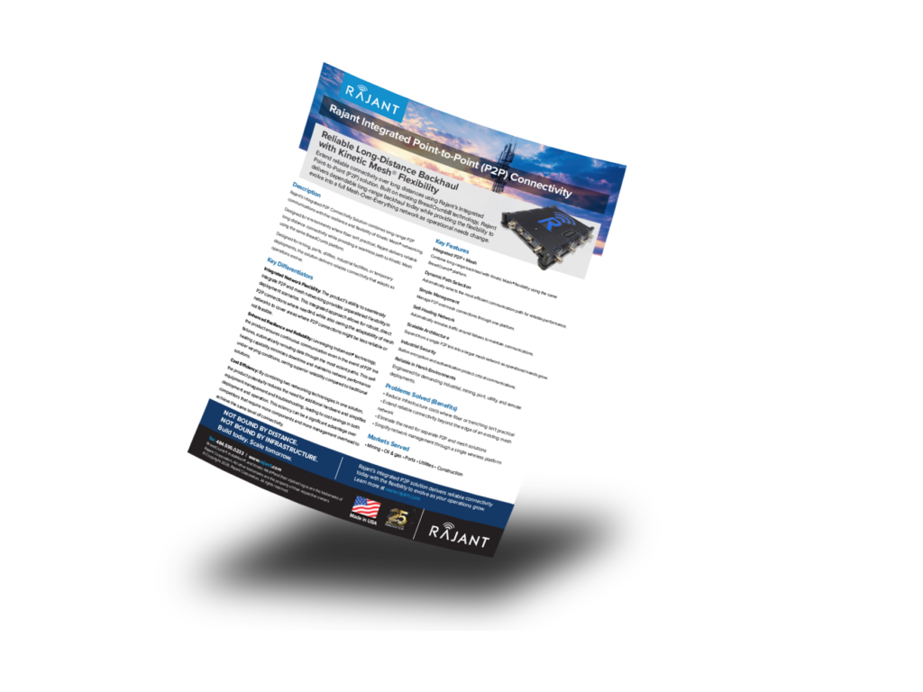 A single-page Rajant flyer features text, bullet points, a small product image, company logos, and a USA flag, displayed on a white background with a subtle shadow beneath the page.