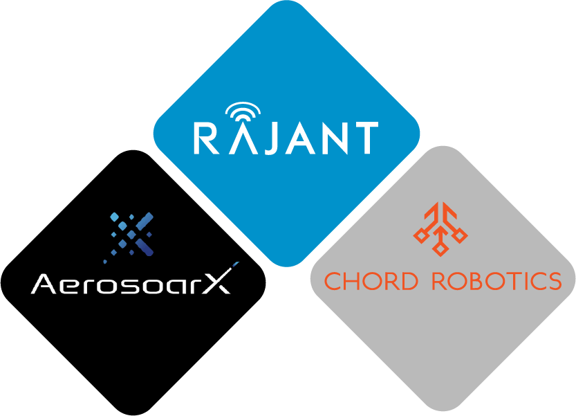 Three diamond-shaped logos: top blue with "Rajant" and a wireless icon, bottom left black with "AerosoarX," and bottom right gray with "Chord Robotics" and an orange circuit-like symbol.